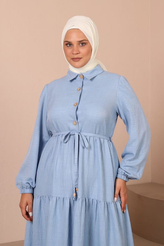 İnce Kumaş Yakalı Büzgülü Elbise-5131