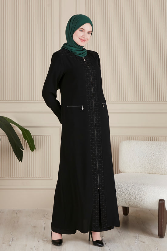 Lamine Dantelli Fermuar Kenarı ve Omuz Detaylı İnce Dokuma Kumaş Fermuarlı Battal Ferace-6020