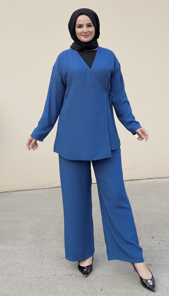 İnce dokuma kumaş kruvaze üst ve pantolonlu ikili takım-6072A