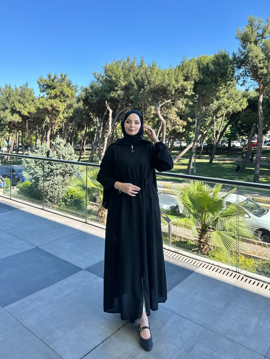 Reglan kol fermuarlı kemerli ince dokuma kumaş ferace-6077