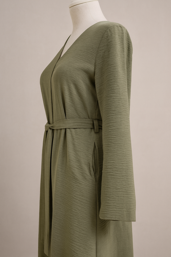 İnce dokuma kumaş cepli kemerli kimono-6075