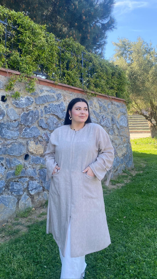 Keten kumaş kol bant detaylı fermuarlı Kap-6099
