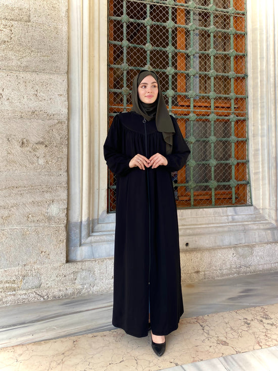 Robası Büzgülü Fermuarlı Hakım Yaka Ferace-6001-SİYAH