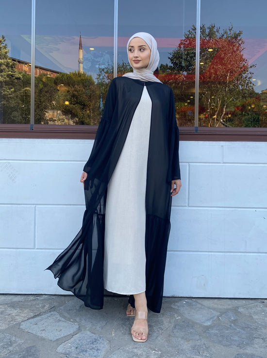 Şifon Büzgü ve Taş Detaylı Önü Açık Abaya-6024