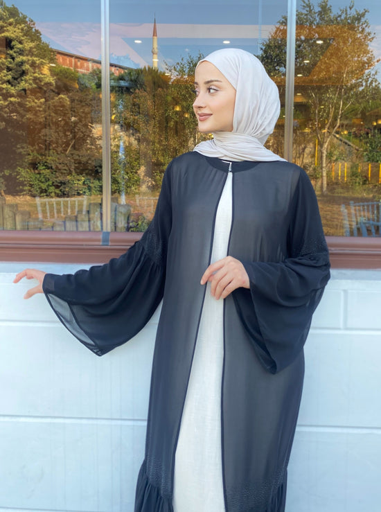 Şifon Büzgü ve Taş Detaylı Önü Açık Abaya-6024