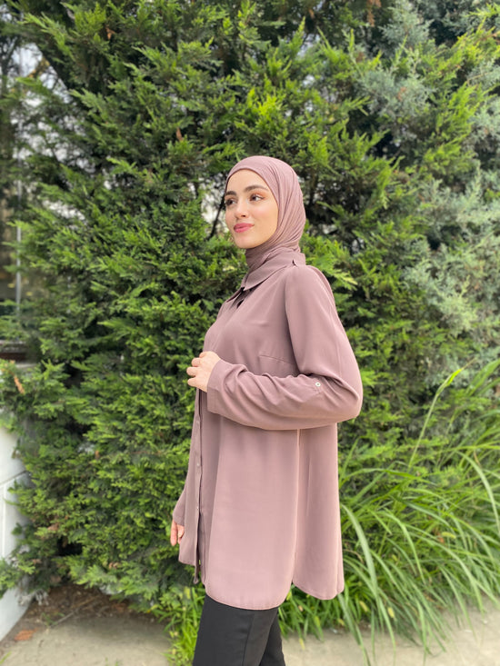 İnce Dokuma Kumaş Çıtçıt Kapamalı Kol Apoletli Vizon Gömlek-6027-b