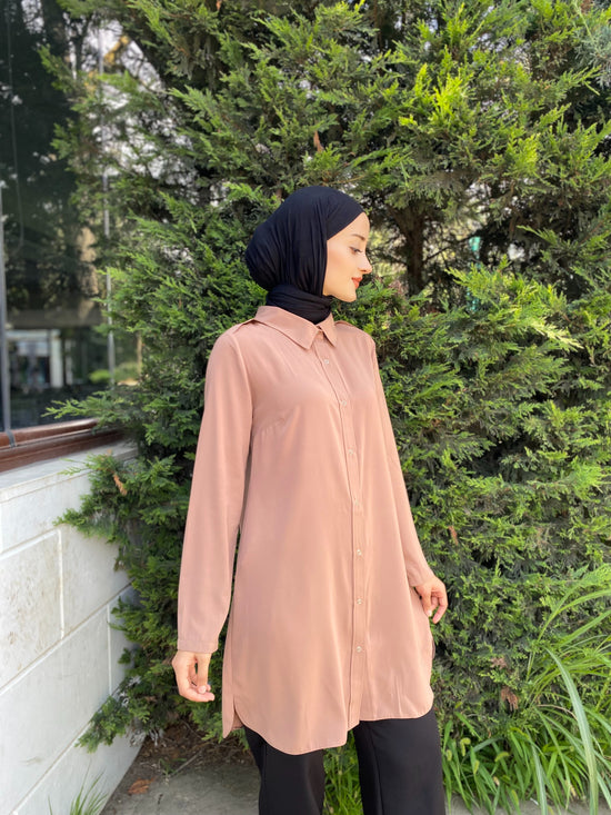 Tunik İnce Dokuma Kumaş Çıtçıt Kapamalı Sütlü Kahve-6028-C