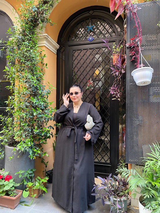 İnce dokuma kumaş cepli kemerli kimono-6075