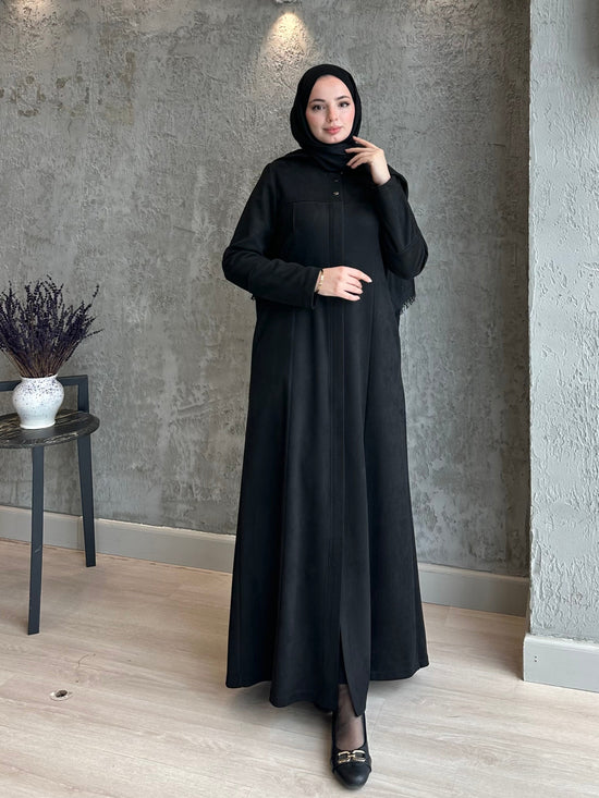 Süet Robalı Süs Çıt Çıt Detaylı Kuplu Gizli Fermuarlı Pardesü-4035