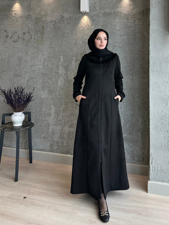 Kuplu tavşan kürk detaylı fermuarlı fit kalıp pardesü-5100