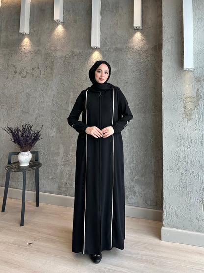 Parlak Biyeli Fermuarlı İNCE DOKUMA Kumaş Ferace-5117