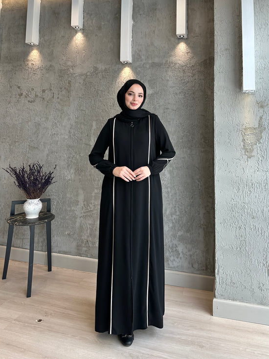 Parlak Biyeli Fermuarlı İNCE DOKUMA Kumaş Ferace-5117