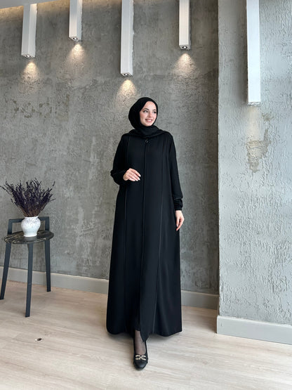 Parlak Biyeli Fermuarlı İNCE DOKUMA Kumaş Ferace-5117