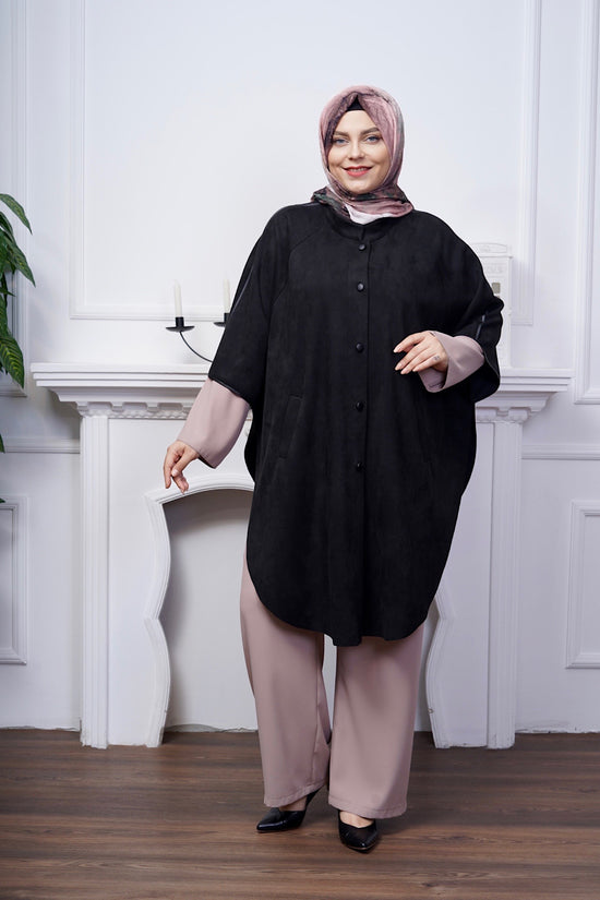 Süet Deri Ara biyeli Düğmeli Panço-5141