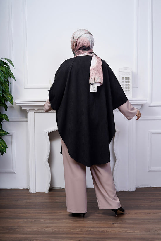 Süet Deri Ara biyeli Düğmeli Panço-5141