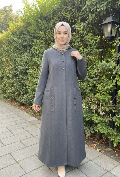 Açelya Kaşe patlı fermuarlı süs düğmeli pardesü-6041