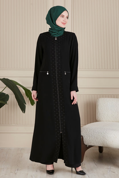 Lamine Dantelli Fermuar Kenarı ve Omuz Detaylı İnce Dokuma Kumaş Fermuarlı Battal Ferace-6020