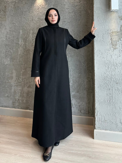 Kalın örme deri biyeli patlı fermuarlı oval cepli pardesü-6040