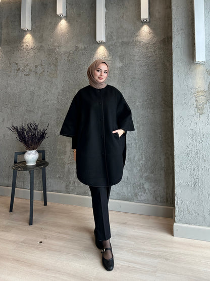 Örme kaşe biye detaylı çıtçıt kapama panço-6044