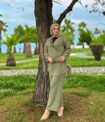 İnce dokuma kumaş kruvaze üst ve pantolonlu ikili takım-6072