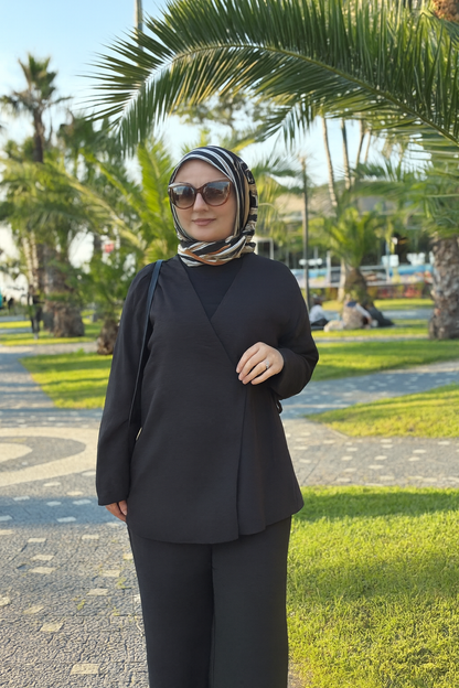 İnce dokuma kumaş kruvaze üst ve pantolonlu ikili takım-6072A