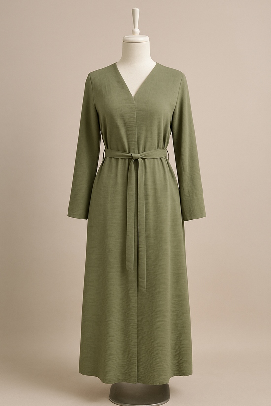 İnce dokuma kumaş cepli kemerli kimono-6075