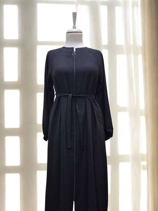 Reglan kol fermuarlı kemerli ince dokuma kumaş ferace-6077