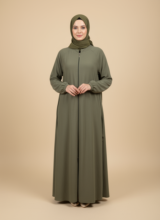Reglan kol fermuarlı kemerli ince dokuma kumaş ferace-6077