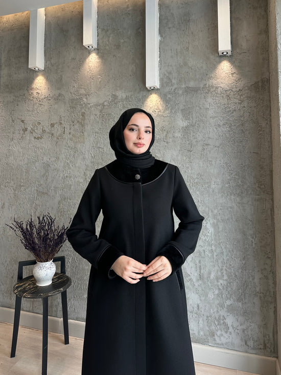 Örme Kaşe kürk detaylı düğmeli pardesü-6084