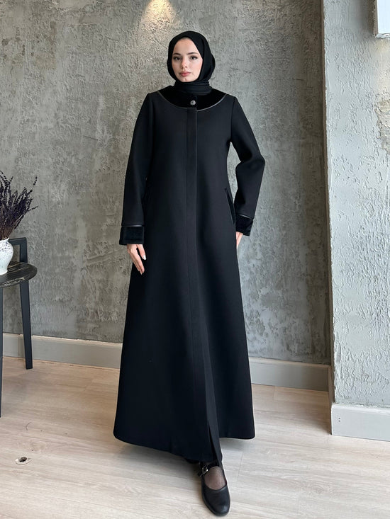 Örme Kaşe kürk detaylı düğmeli pardesü-6084