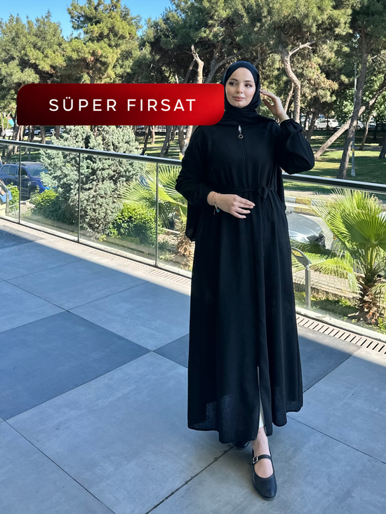 Reglan kol fermuarlı kemerli ince dokuma kumaş ferace-6077