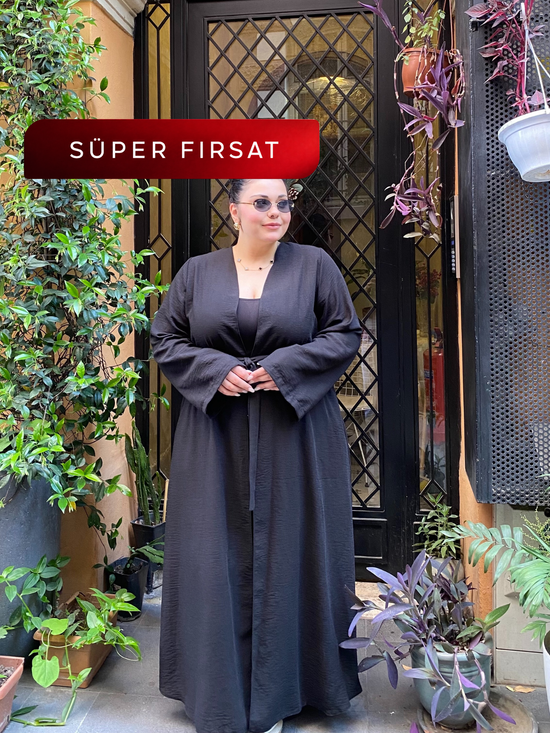 İnce dokuma kumaş cepli kemerli kimono-6075