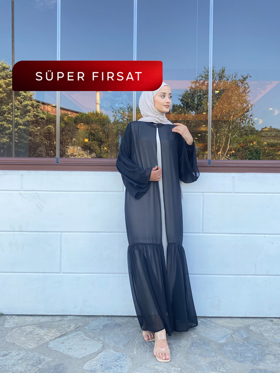 Şifon Büzgü ve Taş Detaylı Önü Açık Abaya-6024