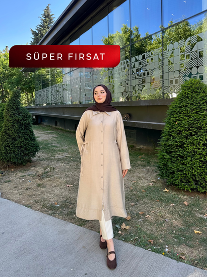 6105 Yanları Kuşaklı ve Yırtmaç Detaylı Rayon Kap