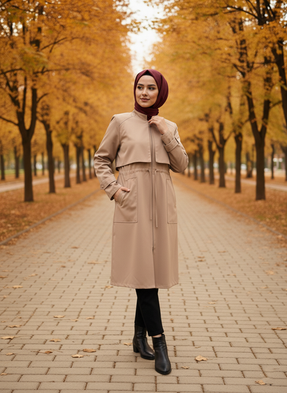 6080-Cepkenli Fermuarlı Beli Büzgülü Araboy Trench
