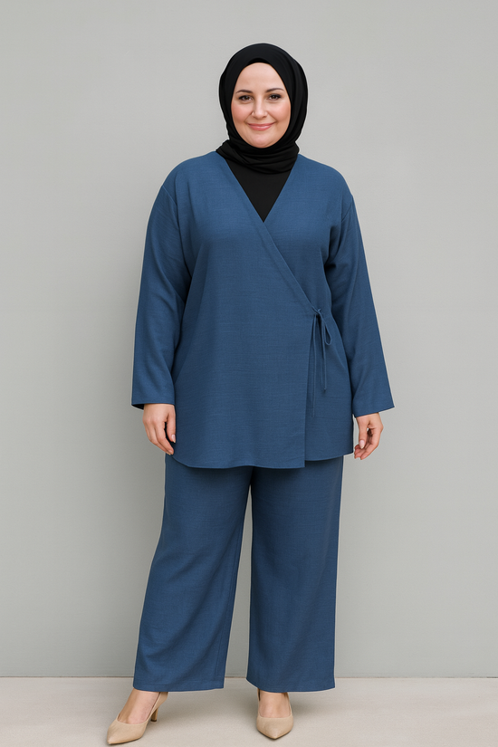 İnce dokuma kumaş kruvaze üst ve pantolonlu ikili takım-6072A