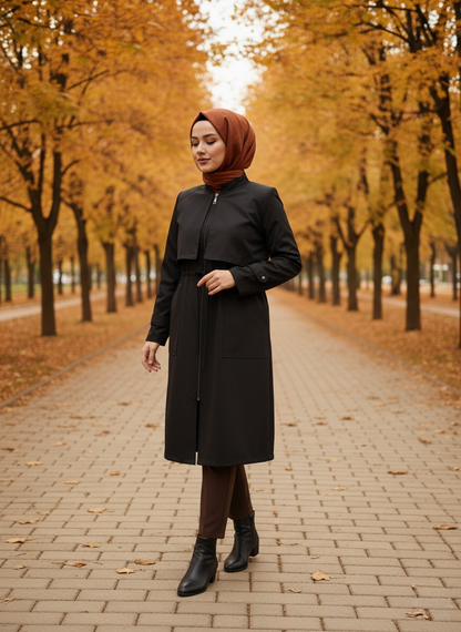 6080-Cepkenli Fermuarlı Beli Büzgülü Araboy Trench